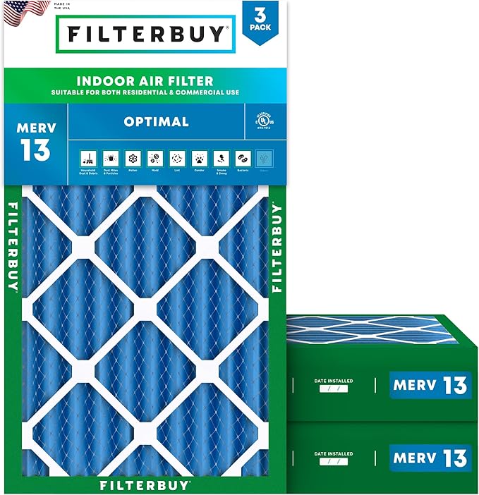 Filterbuy 12x24x4 Air Filter MERV 13 Optimal Smoke & Allergy Defense (3-Pack), Electrostatic Pleated HVAC AC Furnace Filters Replacement (Actual Size: 11.50 x 23.38 x 3.63)