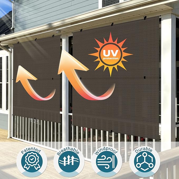 Coarbor Outdoor Roller Shades 8'W x 5.5'H Porch Sun Shades Outdoor Roll Up Blinds for Patio Porch Gazebo Balcony Backyard, Brown
