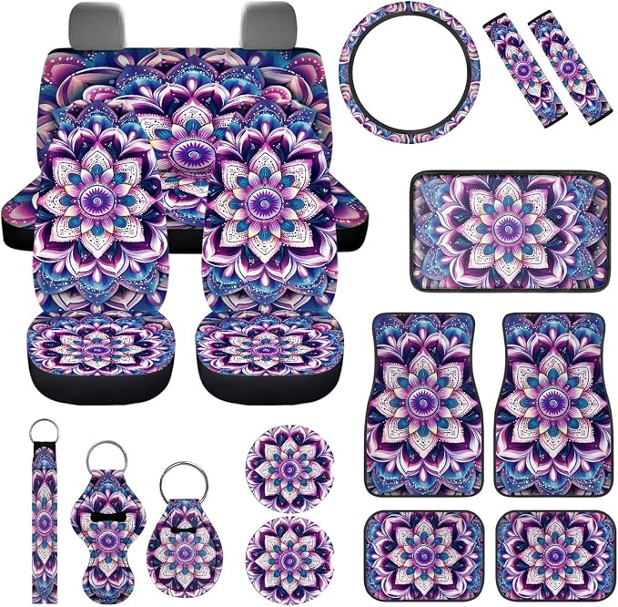 Purple Hippie Lotus Car Seat Covers Full Sets of 17Pcs Boho Lotus Car Accessories Set with Auto Front Rear Foot Carpet Car Seat Belt Cover Steering Wheel Cover,Universal Fit for Most Car SUV