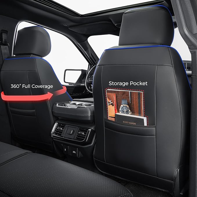 Faux Leather Front Seat Covers for Ford F150 2015–2025 2026 (XL, XLT, Not Regular Cab), Exact Fit 1st Row Bucket Seat Protectors,Truck Interior Accessories for F-150 Black/Blue
