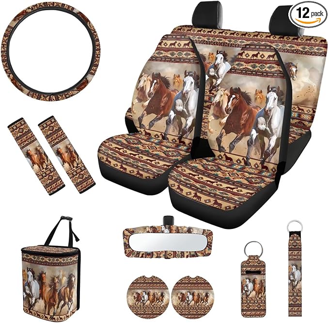Aztec Horse 12 Pack Car Seat Covers Full Set Car Steering Wheel Cover Car Seat Belt Cover Car Trash Can Car Rear View Mirror Cover Car Cup Coasters Keychain Holder Keychains