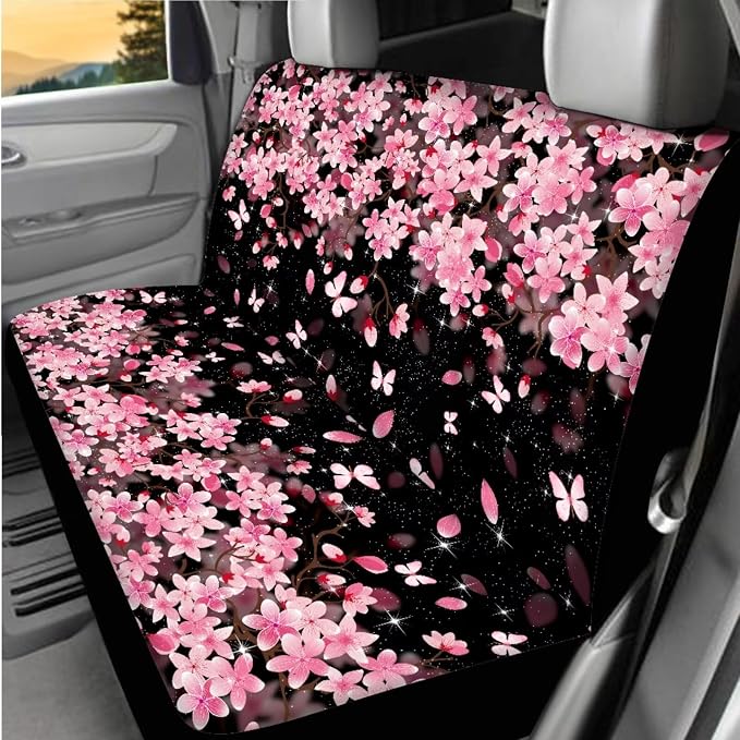 BIGCARJOB Cherry Blossom Car Seat Cover Set for Women Auto Interior Accessories Pink Flower Print Car Seat Protective Universal Steering Wheel Covers Armrest Pads,Universal Fit