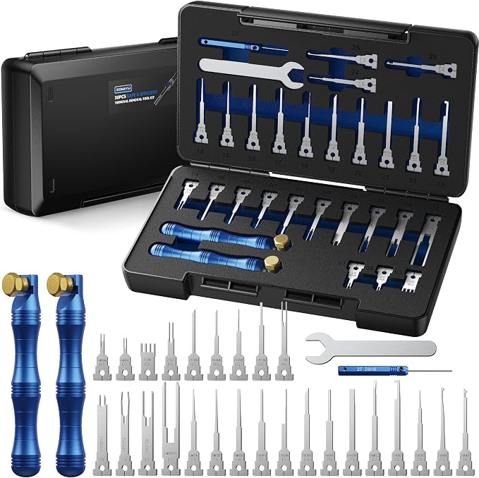 Terminal Removal Tool Kit, 30PCS Professional Depinning Tool Set with Replaceable Pin Extractor Tips for Molex, AMP/TE, Delphi, Deutsch & Automotive Wiring Repair