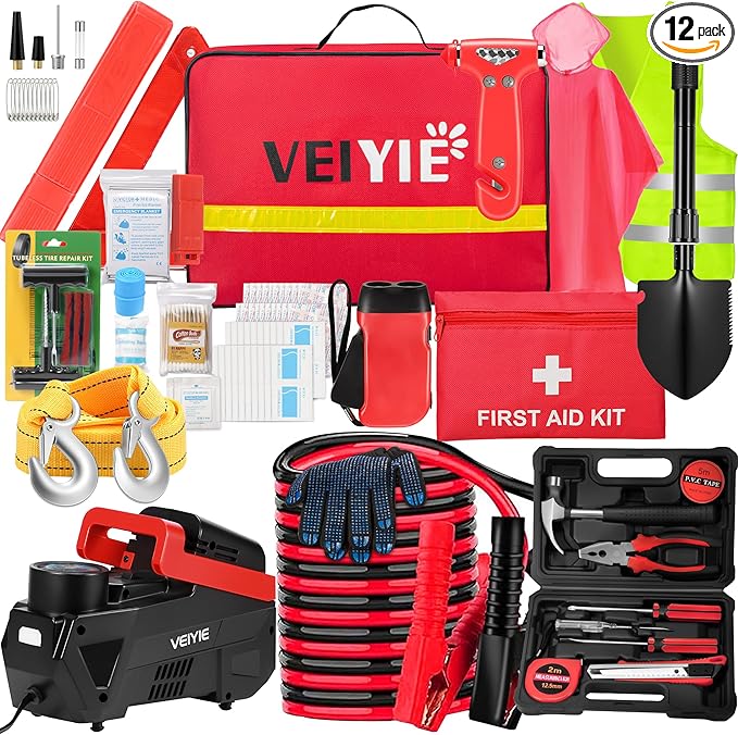 Roadside car Emergency kit, 12PCS Emergency Car Kits for Vehicles with Jumper Cables, Portable Air Compressor, Tow Strap, Survival kit, Emergency Supplies for Women,Man, New Driver Gifts