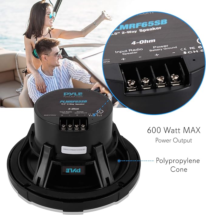 Pyle 6.5 Inch Marine Speakers - Coaxial 2-Way Waterproof Component Speaker Pair | Audio Stereo Sound System with Wireless RF Streaming Support | 6.5" In., 600 Watt - Pyle PLMRF65SB