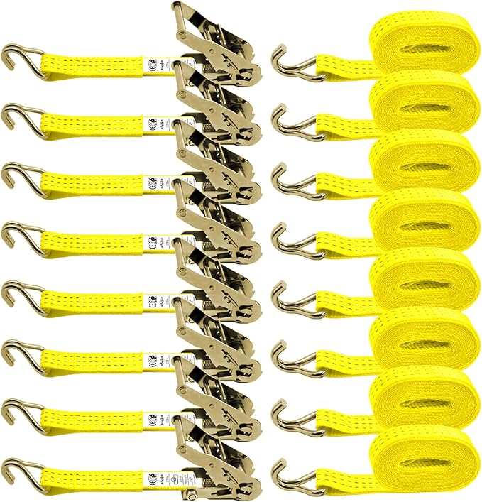 1.5 inch Ratchet Straps Heavy Duty 8 Pack 1-1/2 in x 12ft Cargo Load Tie Down Strap Double J Hook Yellow 2200lbs Working Load for Trucks