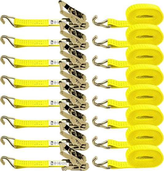 1.5 inch Ratchet Straps Heavy Duty 8 Pack 1-1/2 in x 12ft Cargo Load Tie Down Strap Double J Hook Yellow 2200lbs Working Load for Trucks