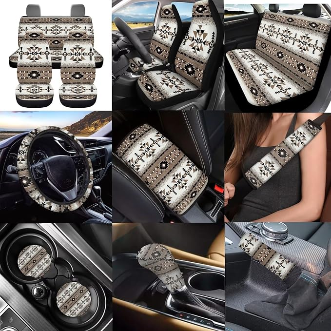 Dreaweet Tribal Car Seat Covers Full Set Geometric Pattern Car Decor Universal Car Seat Covers with Steering Wheel Cover/Armrest Cover/Seat Belt Pads/Coasters/Gear Shift & Handbrake Cover,12 Pcs Set