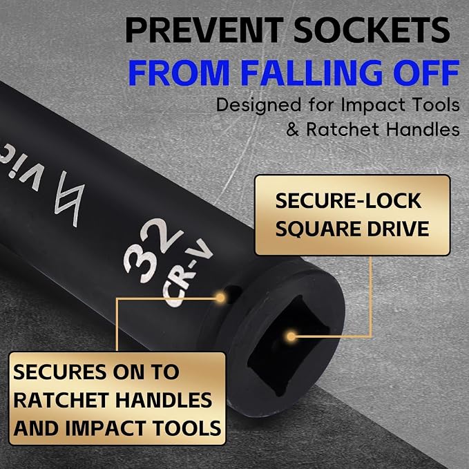 1-Inch Drive 32mm Extra Deep Impact Socket, 8-Inch (200mm) Long, 6-Point Truck & Trailer & Tractor Wheel Nut Socket, Heat Treated Cr-V Alloy Steel, One-Piece Forged, No Torque Loss