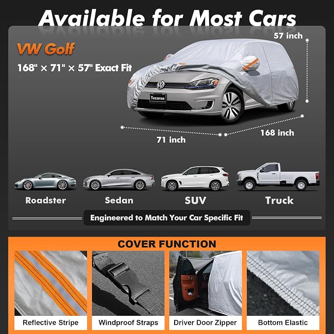 Car Cover Waterproof All-Weather,Heavy-Duty Outdoor Full Exterior Automobiles Hatchback(Length 164-178 inch) with Windshield Sun Shade Universal Fit VW Golf,Honda Fit,Ford Focus etc