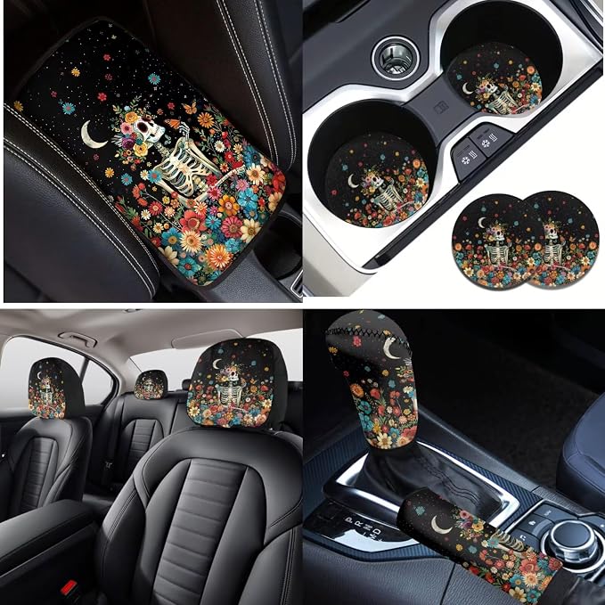 Lotusorchid Skeleton Floral Print Seat Covers for Cars Full Set, Decorative Auto Seat Covers Seatbelt Cover and Armrest Cover for Car, Removable Automobile Interior Sets