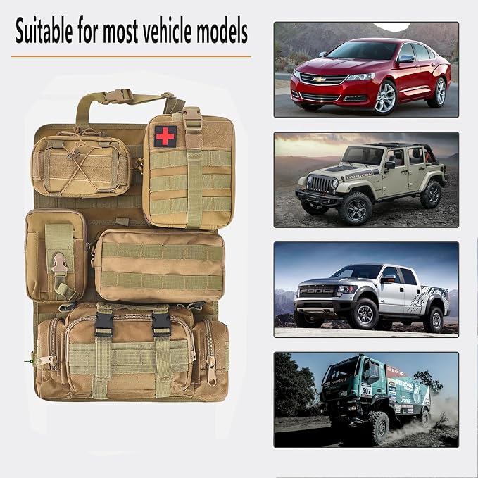 truck seat organizer and storage tactical car back seat back organizer with a Molle Vehicle Panel and 5 Different Size Molle Pouches for most models such as Jeep,SUV,Pickup (Khaki)