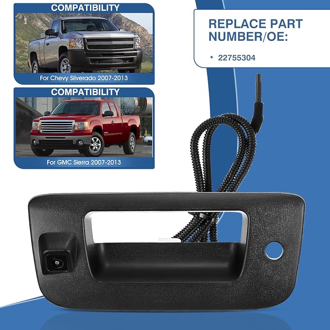 Tailgate Handle Backup Camera Fit for Chevy Silverado GMC Sierra 1500 2500 HD 2007-2013 Tailgate Reversing Rear View Park Assist Camera RCA Plug Replaces 22755304