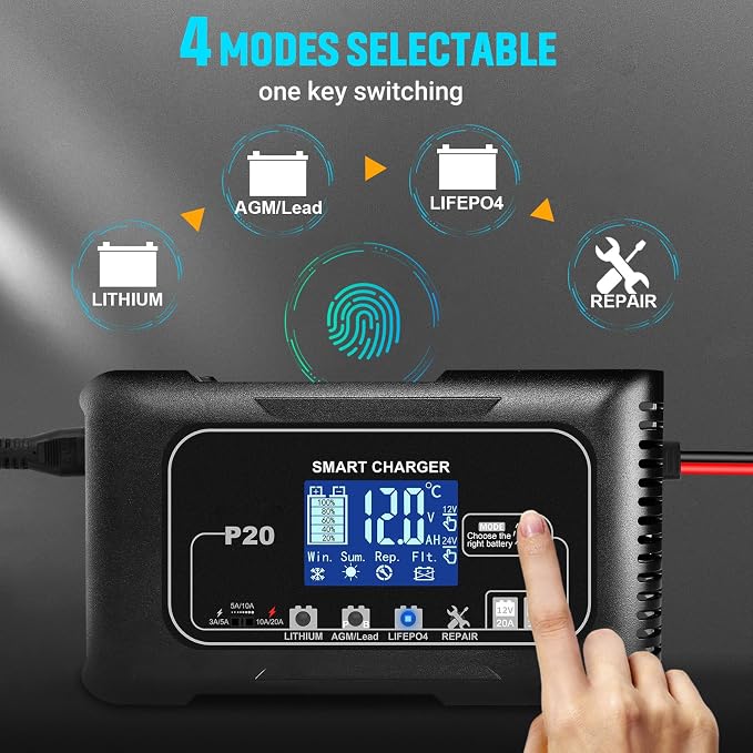 Car Battery Charger, 12V/24V 0-20A Lead-Acid, Lithium, LiFePo4 Smart Battery Charger, Trickle Charger, Fully Automatic Chargers and Maintainer for Car, Motorcycle, Lawn Mower