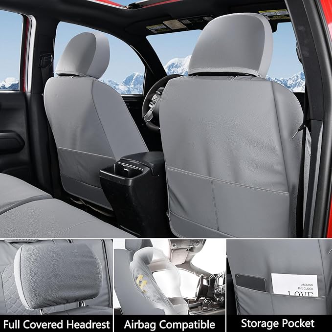 Truckiipa Full Set Leather Seat Covers Fit for Toyota Tacoma Full Coverage Waterproof Seat Covers Cushion Protector Fit for 2016-2023 Toyota Tacoma Double Crew Cab, Full Set, Gray