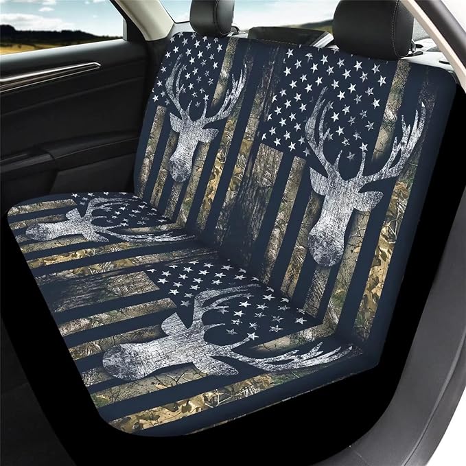 Suobstales American Flag Deer Car Seat Covers Front Back Split Bench Protector for SUV Truck Van Camo Elk Steering Wheel Covers 15 Inch,Seat Belt Covers,Coasters,Keychain Auto Decor for Women Men