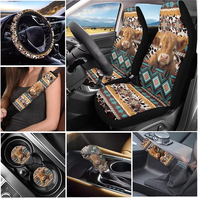 Tupalatus 9 Pcs Aztec Cow Cute Car Seat Covers with Steering Wheel Cover Auto Seat Belt Cover Coasters Gear Shift Cover Hand Brake Cover Car Accessories Set for Men Women