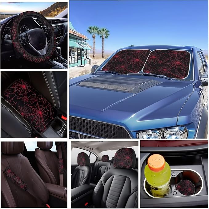 Red Spider Web Car Seat Covers with Steering Wheel Cover,Car Sun Shade,Center Cushion,Seat Belt Covers Cup Holder with Keychain,Automotive Set Unverisal Fit Most Cars SUV Turcks,16 Pack