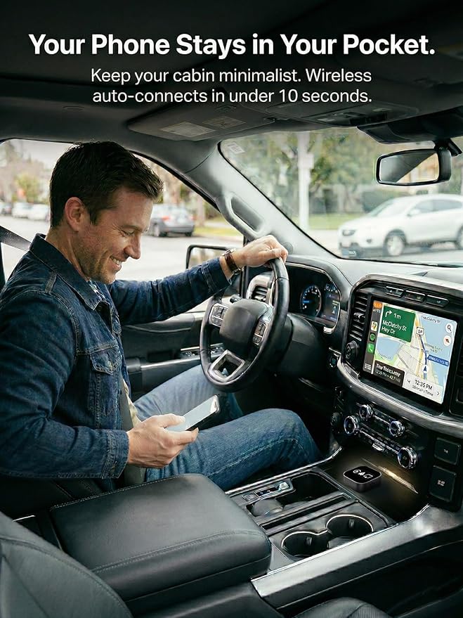 4-in-1 Wireless CarPlay Android Auto Adapter – AirPlay & Miracast Media Hub – Seamless for Mixed Families – 5.8GHz Low-Latency & Auto-Connect – Factory Wired Cars Only (Coal Black)