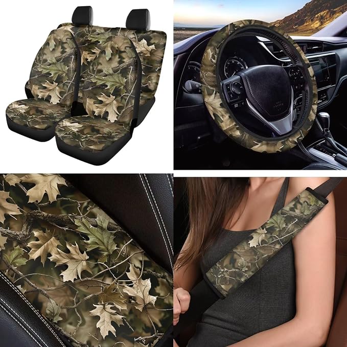 Camo Hunting Forest 12 Pcs Car Seat Covers Full Set with Steering Wheel Cover,Seat Belt Covers Cup Holder Center Console with Keychain Universal Fit for Cars SUV