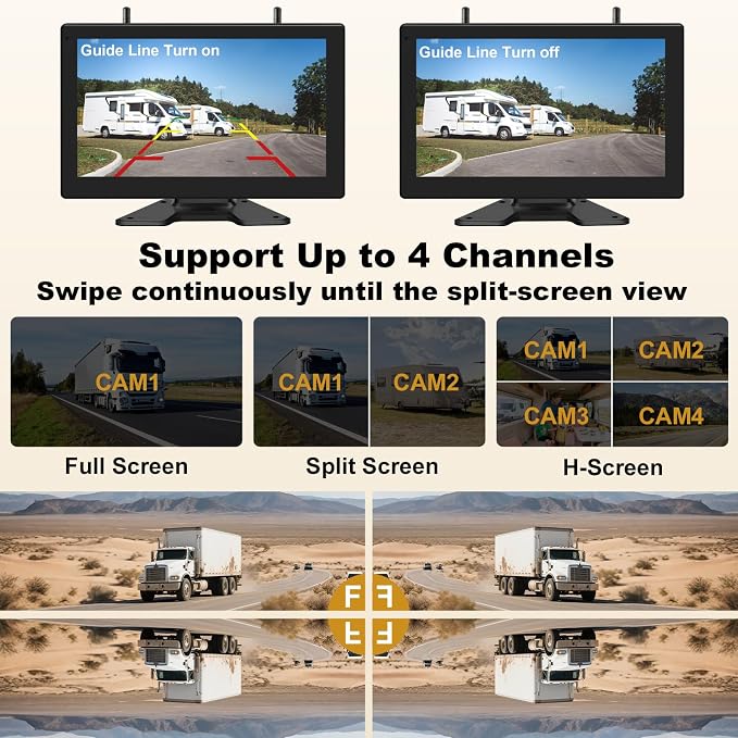 10" Wireless Backup Camera System for RV/Truck/Trailer, 4-Channel IPS Touch Screen Monitor, Dual HD 1080P IP69K Waterproof Cameras, IR Night Vision, Easy Installation for Camper & Trailer