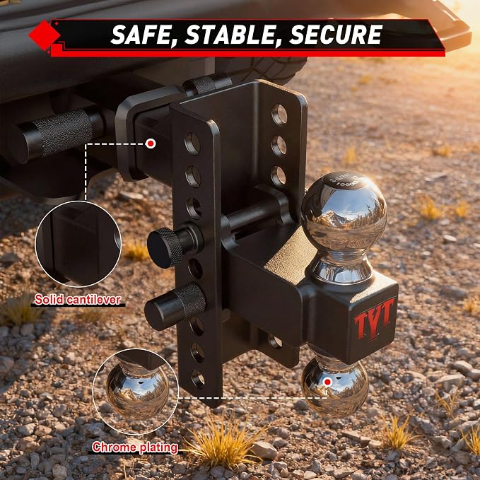 TYT Adjustable Truck Trailer Hitch for 2 inch Receiver, 6" Drop/Rise,2" & 2-5/16" Ball,Includes Two Pin Locks & Hitch Tightener