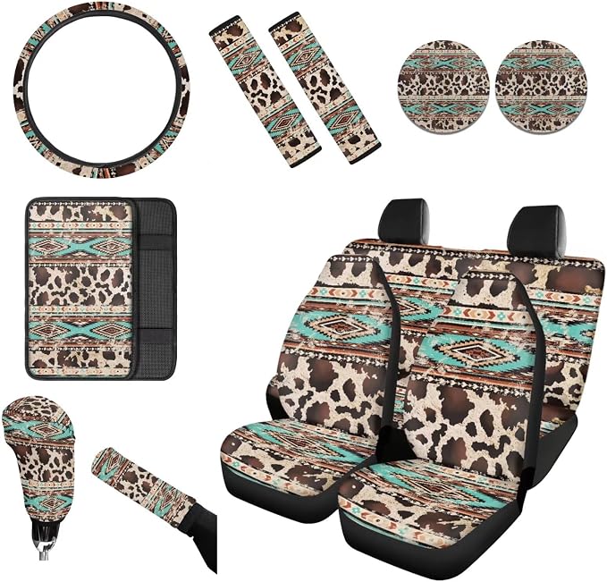 Wanyint Aztec Cow Print Retro Car Accessories Set 12 PCS, Front and Back Car Seat Covers Steering Wheel Cover Seat Belt Pad Armrest Cover Coasters Handbrake Gear Shift Cover Fit for Most Vehicles