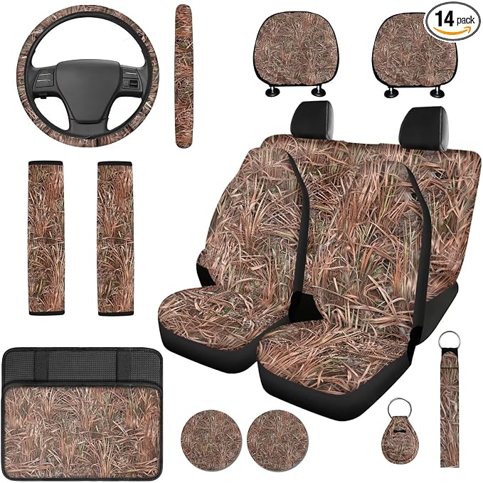 Bulopur 14 Pieces Duck Hunting Camo Auto Seat Covers Full Set with Vehicle Armrest Cushion Non-Slip Car Seat Belt Shoulder Strap Covers Headrest Covers Coasters Automotive Interior Decor Set