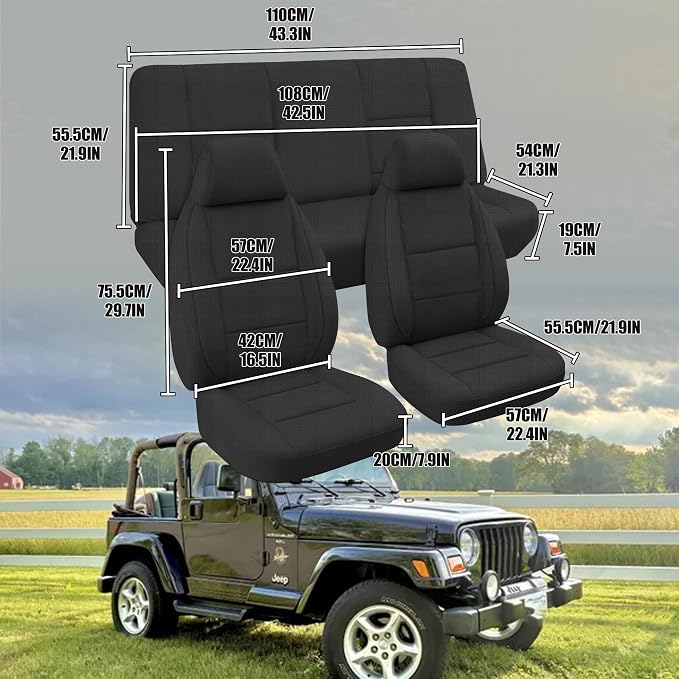 Custom Seat Covers for Jeep Wrangler TJ 1997 1998 1999 2000 2001 2002 Heavy Duty Cloth Protector Interior Accessories，Waterproof & Machine Washable, Foam Padded - Black（Front & Rear）