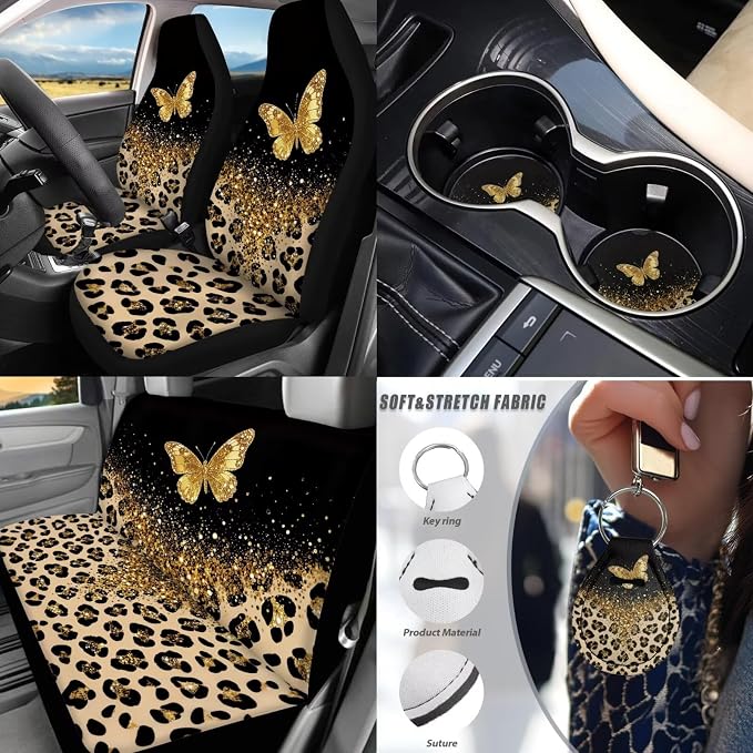 Leopard Print Car Seat Covers 17 Pack,Gold Butterfly Car Accessories Full Sets with Car Mats Full Set,Steering Wheel Cover,Seat Belt Cover,Funda para Volante De Carro Auto Interior for Women