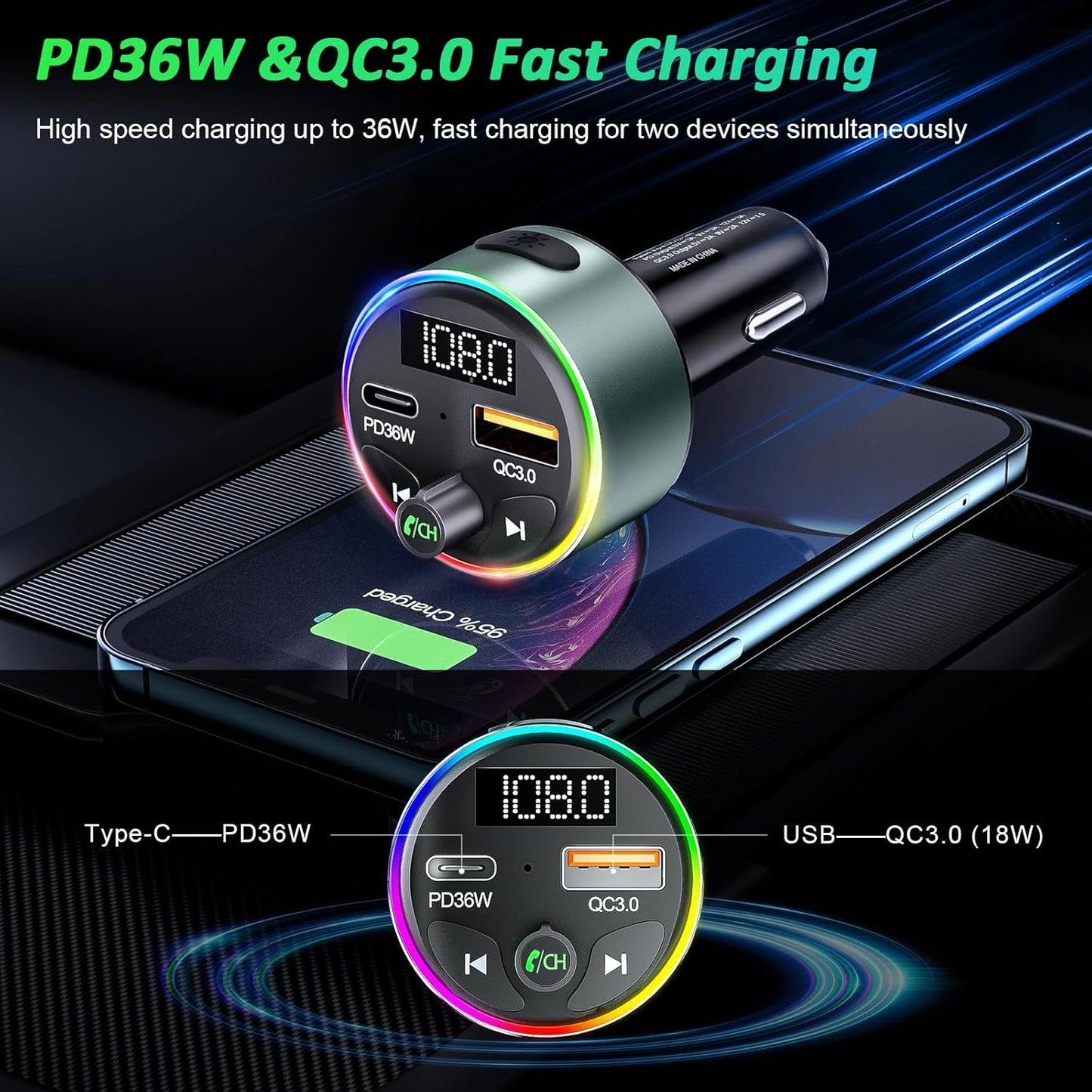 FM Transmitter Bluetooth 5.3 - SOARUN Fast Car Charger Adapter 54W [PD 36W & QC3.0 18W], Support Wireless Radio, Aux 3.5mm, Hands-Free Calling with 9 Colors LED Backlit