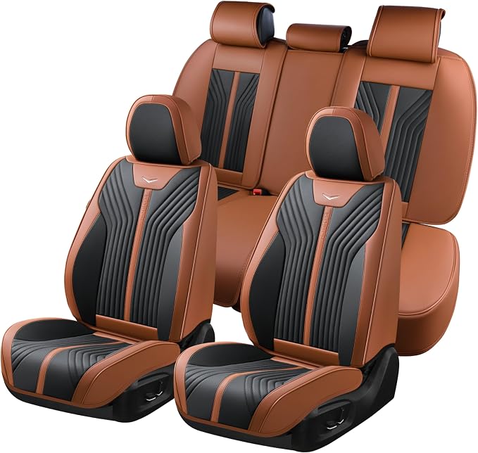 FLORICH Seat Cover Full Set Brown Seat Covers Waterproof Car Seat Cushion Leather Automotive Seat Covers Car Seat Protector Universal Fit for Most Cars Trucks SUV, Brown&Black