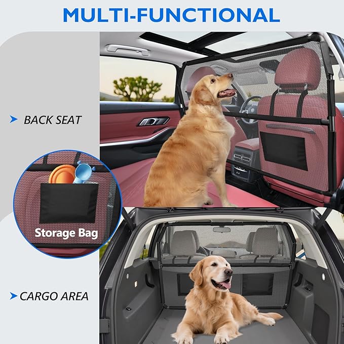 Dog Barrier for SUV, 50" Dog Car Barrier Behind Front Seat, Escape-Proof Back Seat Divider & Cargo Area Gate, Durable Dog Net for Car, Safety Mesh Pet Restraint