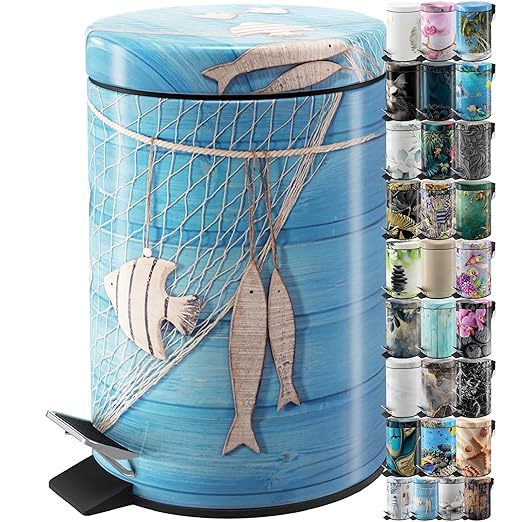 Sanilo Small Bathroom Trash Can with Lid [1.3 Gallon] - Lidded Tiny Trashcan for Garbage - Mini Metal Bin with Soft Closing Mechanism - Bath Room Accessoire Wastebin with Inner Bucket (Seafaring)