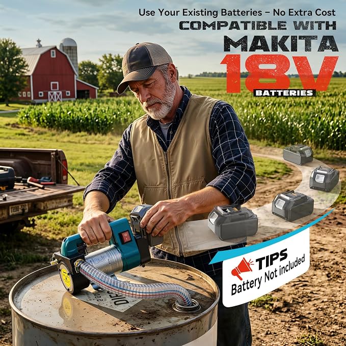 DIYtoolifz 12 GPM Cordless Fuel Transfer Pump Compatible with Makita 18V Battery, Battery-Powered Transfer Pump with Auto-Stop Nozzle for Diesel, Kerosene, 6.6 FT Hoses Electric Pump Kit, Bare Tool