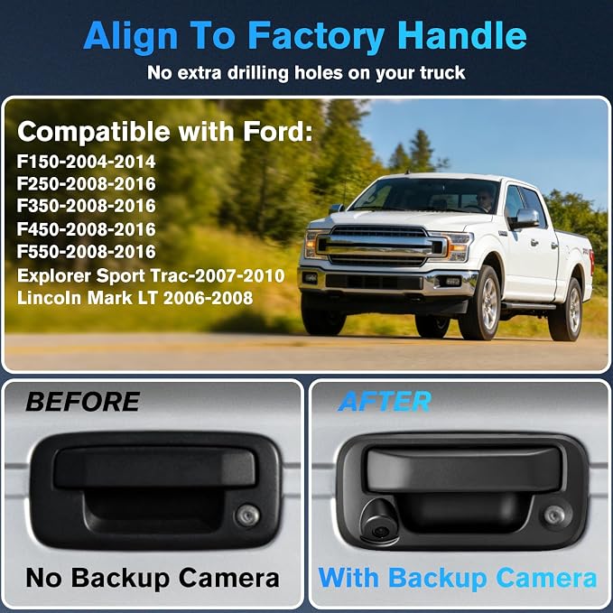 Junsun IP67 Waterproof Tailgate Handle Backup Camera, 1080P HD Reverse Rear View Camera for 2004-2014 Ford F150, 2008-2016 F-250/F-350/F450/F550 Pickup, w/RCA Connector & Key Hole, Wide Angle Lens