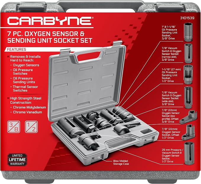 CARBYNE 7-Piece Oxygen Sensor and Sending Unit Socket Set, Chrome Molybdenum and Chrome Vanadium Steel, Universal Fit, Storage Case
