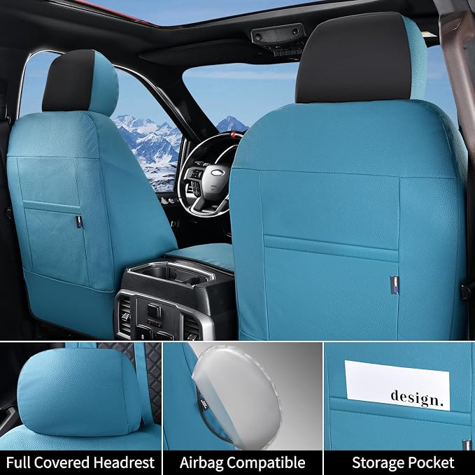 Truckiipa Front Ford F150 Seat Covers, Waterproof Leather Seat Covers Truck Fit for 2015-2026 Ford F150 SuperCrew, 2017-2026 F250 F350 F450 Super Duty Crew Cab, Front Pair, Blue&Black
