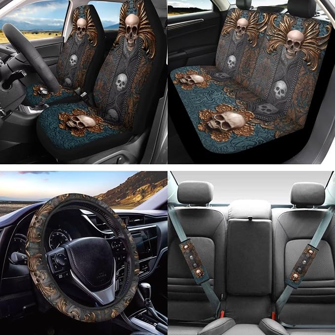 Lotusorchid Skull Print Automotive Seat Covers, Soft Comfy Car Seats Covers Full Set with Steering Wheel Cover Car Armrest Box Pad Seat Belt Cover Gear Shift Knob Covers for Most Vehicles