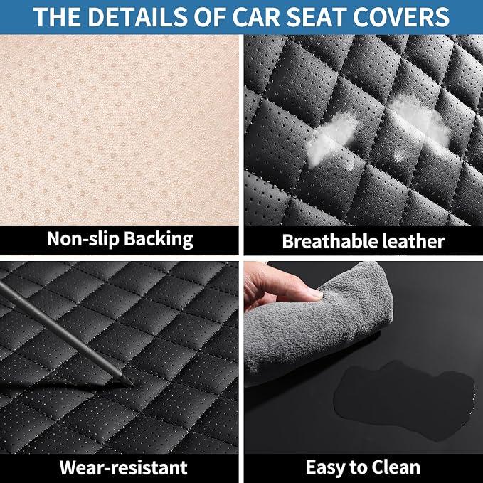 Black Leather Car Seat Covers Full Set Breathable Seat Protectors Waterproof Automotive Seat Covers Universal Fit for Most Cars SUVs Trucks Vehicles