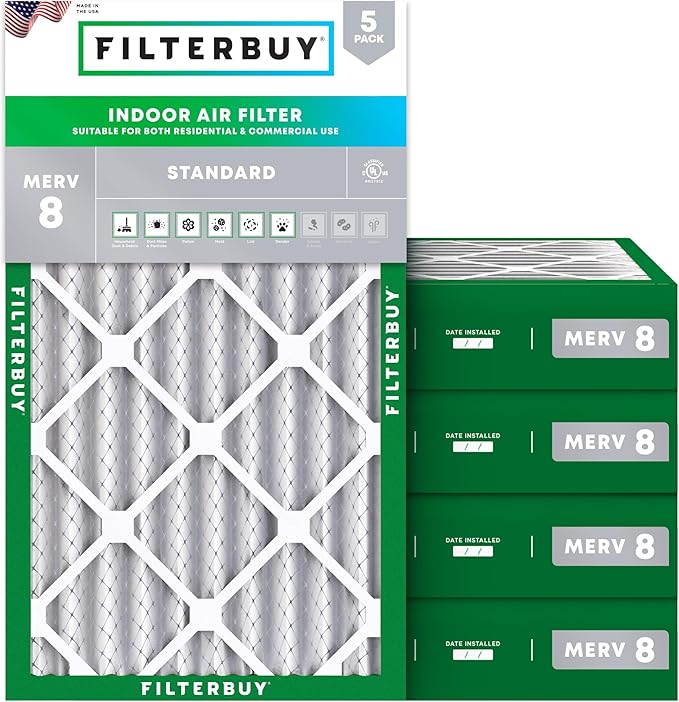 Filterbuy 14x25x4 Air Filter MERV 8 Essential Dust & Allergy Defense (5-Pack), Electrostatic Pleated HVAC AC Furnace Filters Replacement (Actual Size: 13.88 x 24.88 x 3.63)