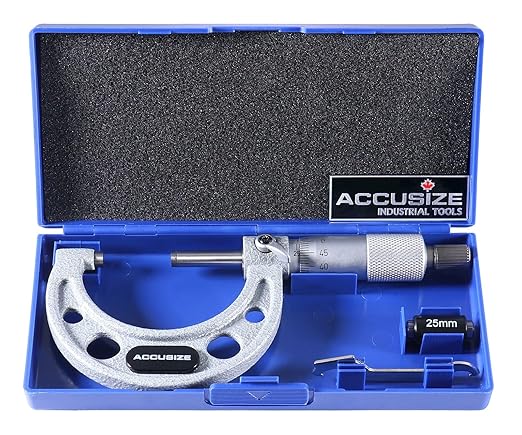 Accusize Industrial Tools Outside Micrometer, 25-50mm, EG00-0050 | 25-50mm, Ultra-Precision, Carbide Tipped, M-Type, Resolution 0.01mm, Ratchet Friction Thimble, Solid Storage Case