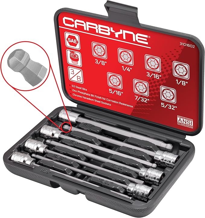 CARBYNE 7-Piece Extra Long Ball End Hex (Allen) Bit Socket Set, SAE 1/8 in. to 3/8 in., 3/8 in. Drive, S2 Steel, CrV Sockets, Zinc Phosphate Bit Finish, 6.1 in. Length, Durable Case
