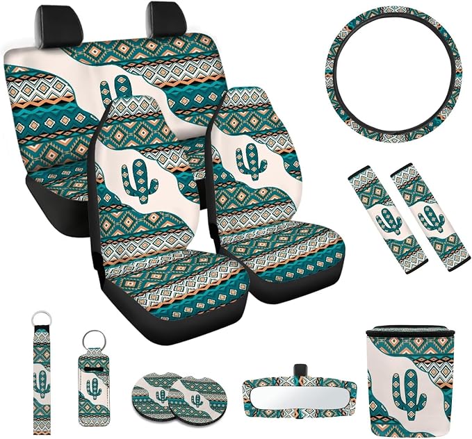 Aztec Cactus Car Seat Covers Set of 12 Car Seat Belt Pad Cover Steering Wheel Cover Car Trash Can Rear View Mirror Cover Car Cup Coasters Keychains Keychain Holder