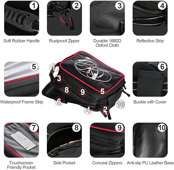 Motorcycle Tank Bag w/Strap Storage Bag Compatible with Honda Yamaha Suzuki Kawasaki Harley Water Resistant (Red Piping)