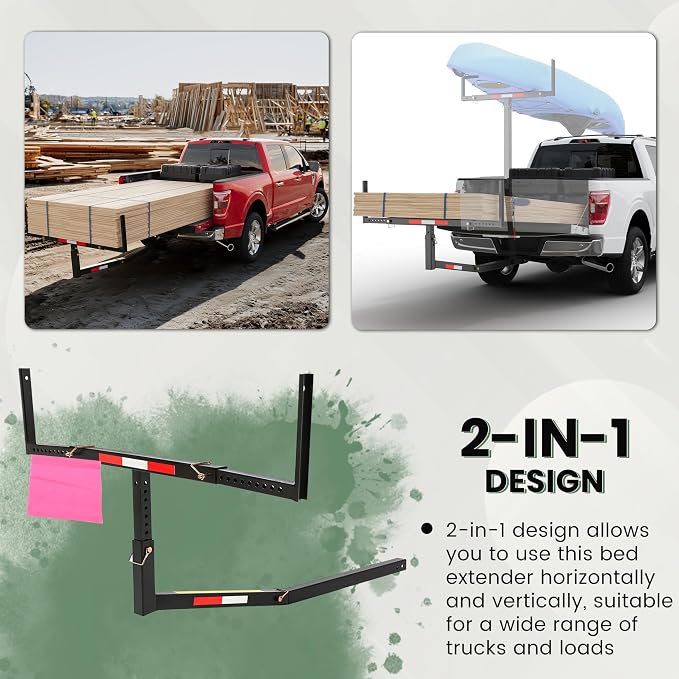 ECOTRIC 750lbs Capacity Black Truck Bed Extender Pickup Truck Bed Hitch Mount Extension Rack SUV Lumber Ladder Canoe Boat Kayak Long Pipes w/Flag - Powder Coated Steel