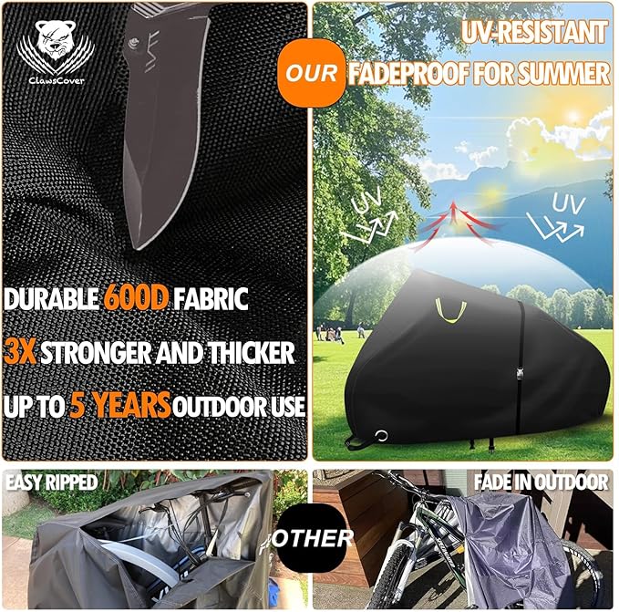 ClawsCover Bike Covers Outdoor Storage Waterproof for 2 Bikes,Heavy Duty 600D Polyester,Durable Anti-UV,Weatherproof eBike Bicycle Electric Bike Cover, Buckles Straps,Reflective Handle,82''x36"x43.3"