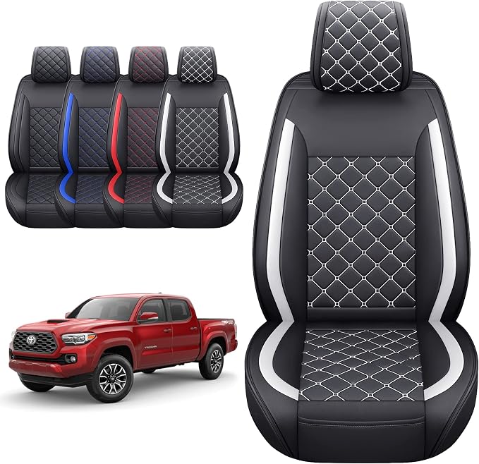 Tomatoman Tacoma Seat Covers Customized for 2005-2025 2026 Sport Double Cab SR V6 Pickup Truck, Waterproof Faux Leather Car Cushions(2 PCS Front, Black-White)