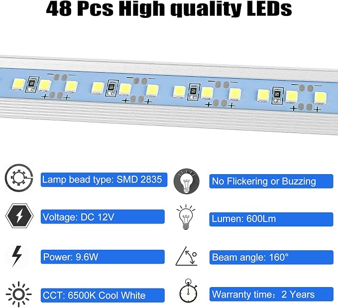 Rifachua Car 12V Interior LED Light Bar 48 LEDs Strip Lights with Switch and Magnets 6500K White Light for Car Van RV Cabinet Showcase Indoor Room Home 4 PCS Extendable