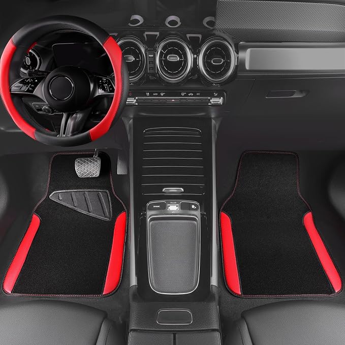 CAR PASS Faux Leather Car Seat Covers Full Sets, Steering Wheel Cover 14.5-15inch and Waterproof Car Floor Mats,Universal Fit SUV Sedan Van Truck, Automotive Car Interior Sets(Black＆Red)